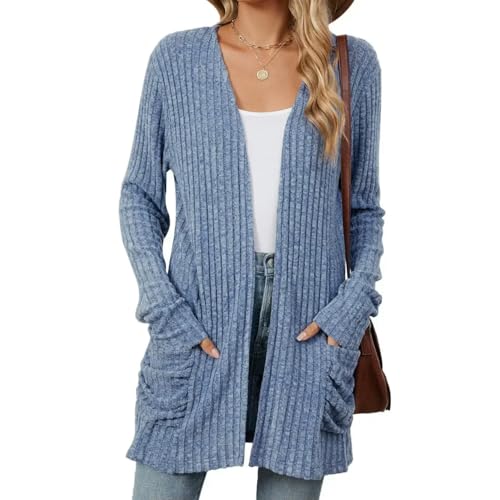 SYLDMKJ Damen Trenchcoat Damen Basic Jacke Strickjacke Herbst Casual Dünnmantel Strickjacke Frauenmantel-Farbe Blau-S von SYLDMKJ