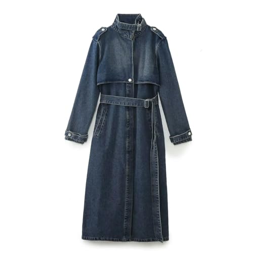 SYLDMKJ Damen Trenchcoat Damen Lace-Up Denim Wind Mantel Herbst Winter Lange Ärmel Windcheater Denim Overwear-Blau-M von SYLDMKJ