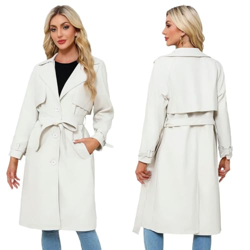 SYLDMKJ Damen Trenchcoat Herbst Damen Long Leder Jacke Revers Pu Leder Jacke Frauenjacke Mit Gürtel-Weiss-M von SYLDMKJ