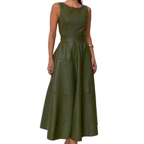 SYLDMKJ Damenkleider Women's Dresses Women Reißverschluss Offenes Rücken Plissierter A-Line-Kleid Elegante Ärmellose O-Neck Feste Schnür-Leder-Pu-Kleid-01 Grün-S von SYLDMKJ