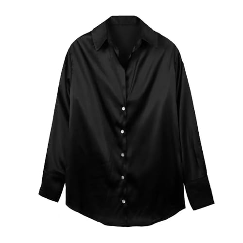 SYLDMKJ Hemd Damen Damen Europäischer Und Amerikanischer Stil V-Förmiger Polo-Ausschnitt Langarm Satin Texture Loose Shirt-Schwarz-Xs von SYLDMKJ