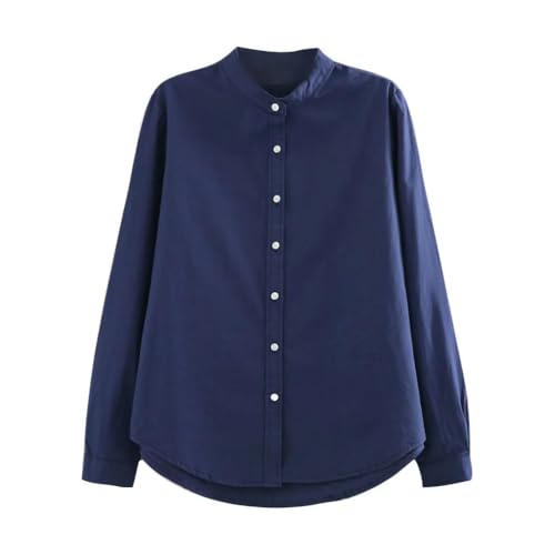 SYLDMKJ Hemd Damen Dunkelblau Stehkragen Frauen Shirts Navy Langarm Blusen Casual Button Shirt Tops-Dunkelblau-S von SYLDMKJ