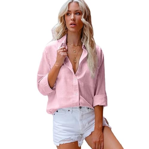 SYLDMKJ Hemd Damen Frauen Baumwolle Leinen Lose Shirt Solide Bluse Elegante Langarm Button Up Tops Büro Dame Tuniken-Rosa-L von SYLDMKJ