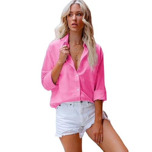 SYLDMKJ Hemd Damen Frauen Baumwolle Leinen Lose Shirt Solide Bluse Elegante Langarm Button Up Tops Büro Dame Tuniken-Rose-M von SYLDMKJ