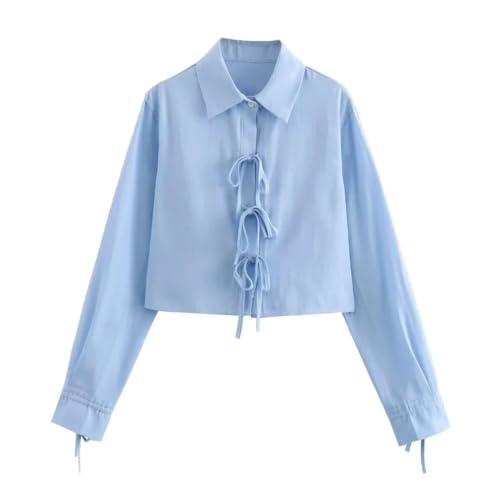 SYLDMKJ Hemd Damen Frauen Elegante Blaue Bogen Schnürung Bluse Lappel Single Breauzed Long Sleeve Shirt Lässig Weibchen-Blau-L von SYLDMKJ