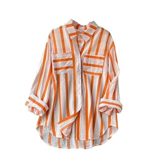 SYLDMKJ Hemd Damen Gestreifte Bluse Mode Turn-Down Kragen Langarm Button Top Casual Shirt Weibliche Lose Tops Shirts-Orange-M von SYLDMKJ