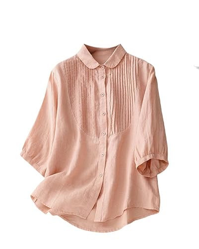 SYLDMKJ Hemd Damen Solide Kurze Mode Baumwolle Leinen Bluse Shirt Knopf Elegante Büro Damen Frauen Casual Lose Tops-Pink-M von SYLDMKJ