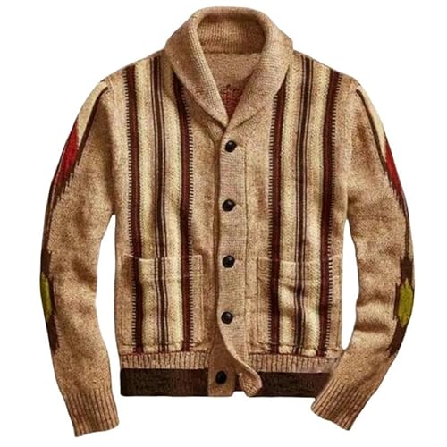 SYLDMKJ Herren Strickjacke Herrenherbst- Und Winter Langärmelige Jacquard-Pullover-Revers-Sweater-Mantel-Männer-Khaki-M von SYLDMKJ