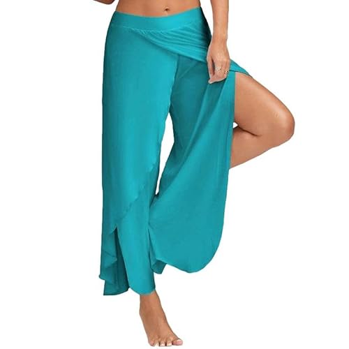 SYLDMKJ Hose Weites Bein Damen Weitbeinhose Für Frauen, Yoga-Schlitzhosen Lose Fitness-Schlitzhosen, Feste Farben Harem Hosen-Blau-4X von SYLDMKJ