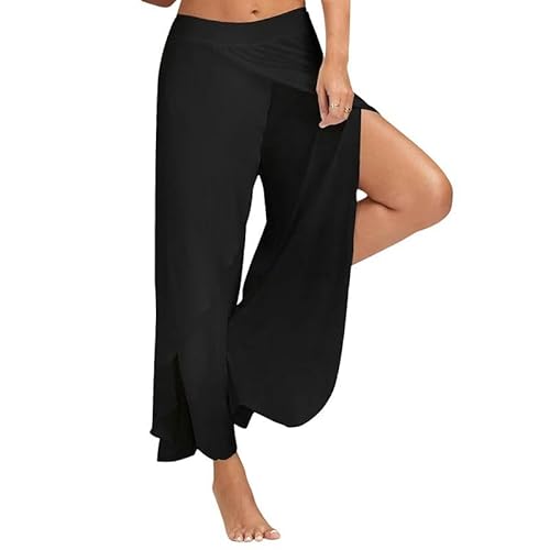 SYLDMKJ Hose Weites Bein Damen Weitbeinhose Für Frauen, Yoga-Schlitzhosen Lose Fitness-Schlitzhosen, Feste Farben Harem Hosen-Schwarz-5X von SYLDMKJ