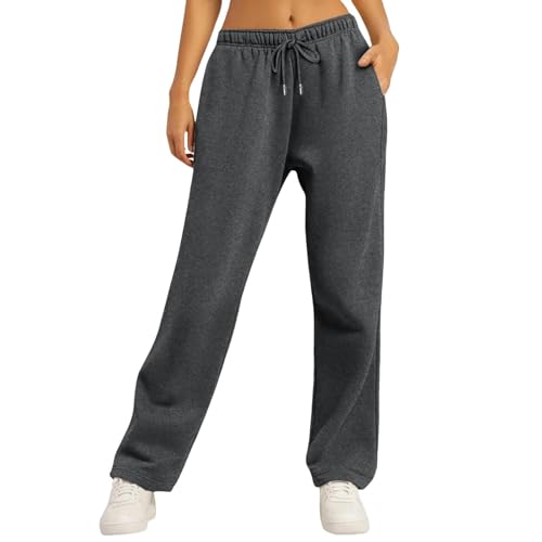 SYLDMKJ Hose Weites Bein Damen Weitbeinhosen Für Frauenflecken Mit Fleece -Preisträgern Gerade Hosen Fitness -Joggerhosen-Dunkelgrau-XL von SYLDMKJ