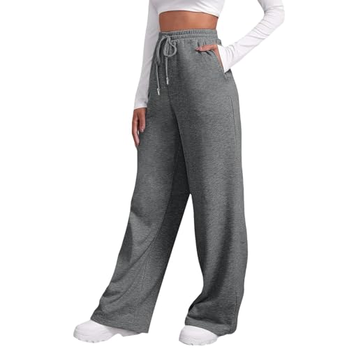 SYLDMKJ Hose Weites Bein Damen Weitbeinhosen Für Frauenflecken Mit Fleece -Preisträgern Gerade Hosen Fitness -Joggerhosen-Grau-XXL von SYLDMKJ