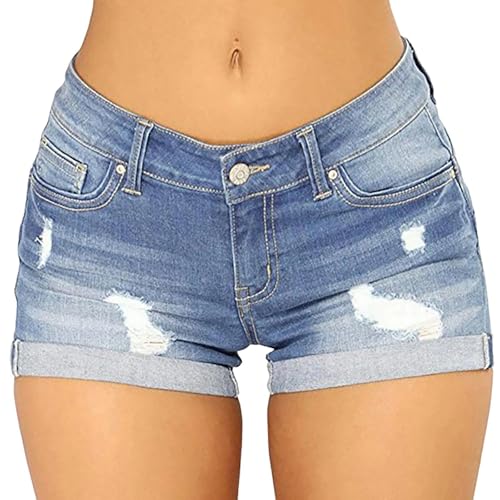 SYLDMKJ Jeans Shorts Damen Frauen Denim Shorts High Plus Hohe Taillierte Denim -Shorts Dehne Jean Shorts Damen -Shorts-Hellblau-L von SYLDMKJ