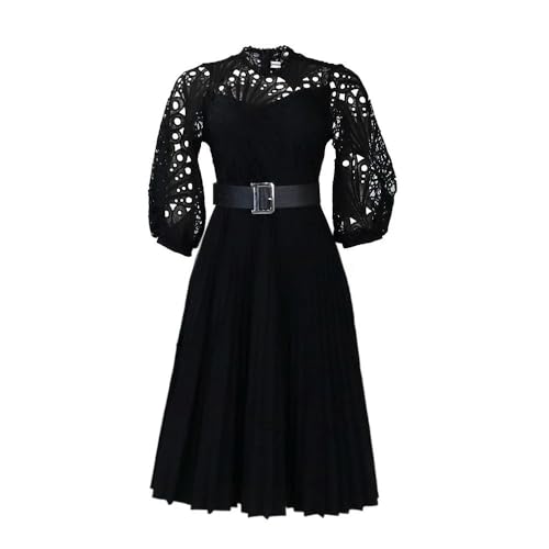 SYLDMKJ Kleid Hochzeitsgast Damen Elegante Kirchenkleider Für Frauen Lace Hollow Out Patchwork Plissee Weibliche Hochzeitsgastfeierkleider-Schwarz-XXL von SYLDMKJ