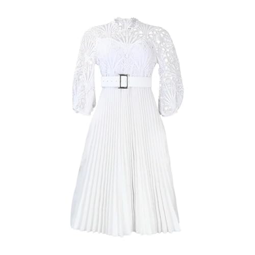 SYLDMKJ Kleid Hochzeitsgast Damen Elegante Kirchenkleider Für Frauen Lace Hollow Out Patchwork Plissee Weibliche Hochzeitsgastfeierkleider-Weiss-XL von SYLDMKJ