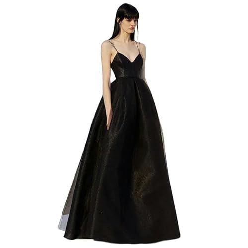 SYLDMKJ Kleid Hochzeitsgast Damen Elegante Spaghetti -Gurt Abend Gast -Abschlussballkleider Für Frauen Gegen Hals Rückenless Hochzeit Maxi Kleid-Bodenlänge-12-Schwarz von SYLDMKJ