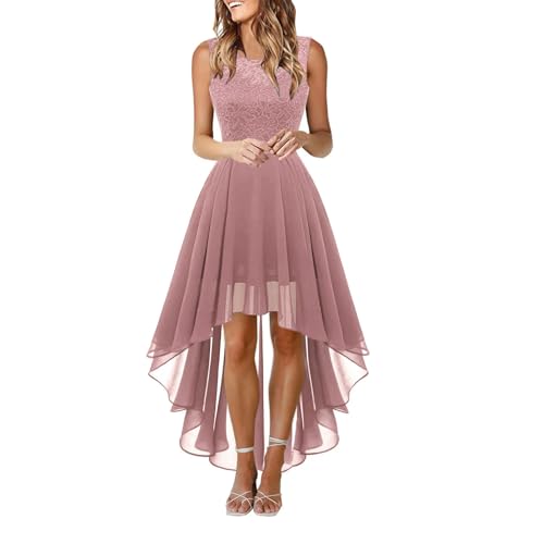 SYLDMKJ Kleid Hochzeitsgast Damen Weibliche Kleiderspitze Kleid Bowgürtel Gäste Ärmellose Brautjungfer Cocktailparty Frauenkleider-Rosa-Xs von SYLDMKJ