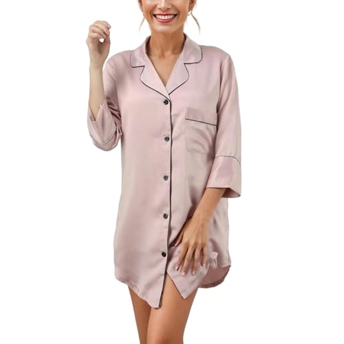 SYLDMKJ Negligee Damen Damen Langarmknopf Nachthemd Gegen Hals Rippen -Strick -Pyjama Kleid-Rosa-XL von SYLDMKJ