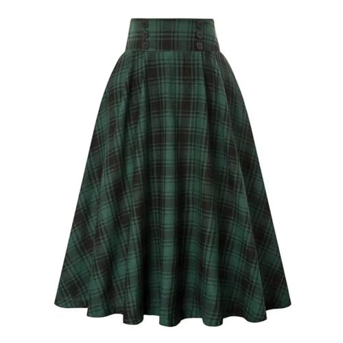 SYLDMKJ Plisseerock Damen Losen Rock Rüsche Maxi Kleider Farbe Block Plaid Drucken Weiche Taschen Frauen High Elastic Taille Party-Grün-M von SYLDMKJ