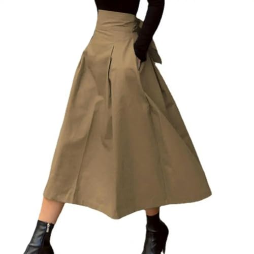 SYLDMKJ Plisseerock Damen Partyrock Bequemer Midi -Rock Hoher Taille Reiner Farbrock Reiner Farbrock Für Büro-Khaki-L von SYLDMKJ