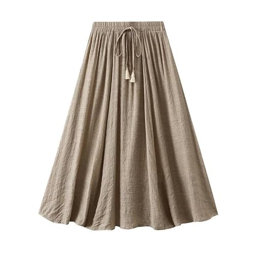 SYLDMKJ Plisseerock Damen Sommer-Baumwoll- Und Leinen Doppelschicht Midi Rock Für Frauen Taille Retro Solid Color Pee-Up Long Rock-Khaki-Eine Größe von SYLDMKJ