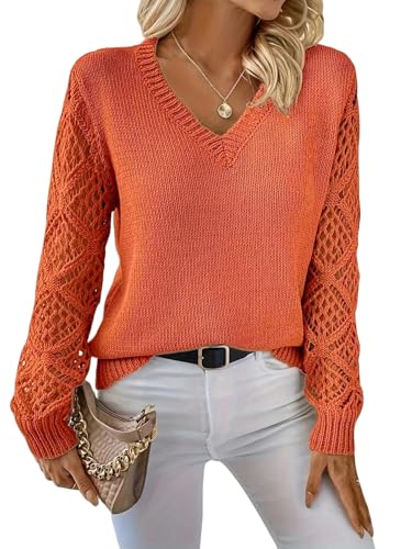 SYLDMKJ Pullover Damen Herbst 2024 Mode Lässige Pullover Tops Für Damen Massive V Hals Strickpullover Herbstpullover Strick-Orange-S von SYLDMKJ