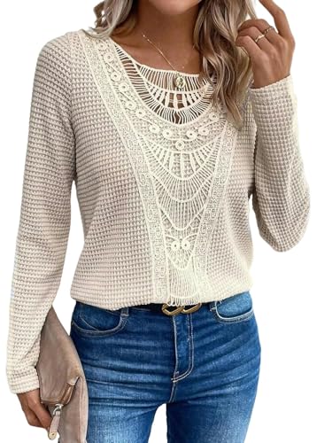 SYLDMKJ Pullover Damen Herbst Crew Neck Ausschneiden T-Shirt Elegant Geripptes Langarm T-Shirt Für Herbst & Winter Frauenkleidung-Beige-L von SYLDMKJ