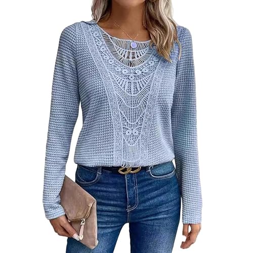 SYLDMKJ Pullover Damen Herbst Crew Neck Ausschneiden T-Shirt Elegant Geripptes Langarm T-Shirt Für Herbst & Winter Frauenkleidung-Blau-XL von SYLDMKJ