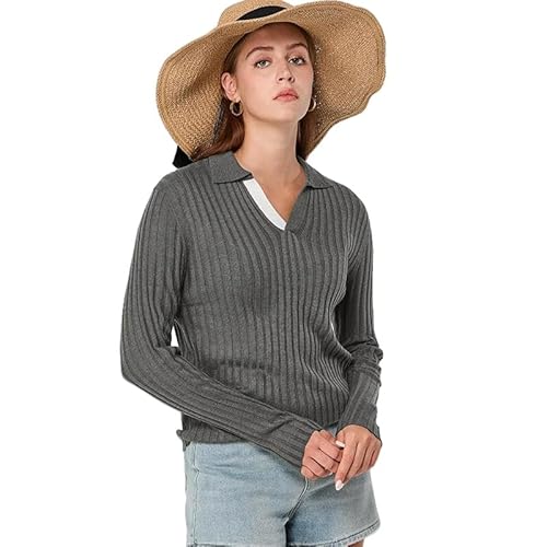 SYLDMKJ Pullover Damen Herbst Dünner Strick Langarm Poloshirt Für Frauen Lässig V-Ausschnitt Pullover Elegante Frau Gestrickt-Braun-L von SYLDMKJ