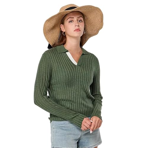 SYLDMKJ Pullover Damen Herbst Dünner Strick Langarm Poloshirt Für Frauen Lässig V-Ausschnitt Pullover Elegante Frau Gestrickt-Grün-L von SYLDMKJ