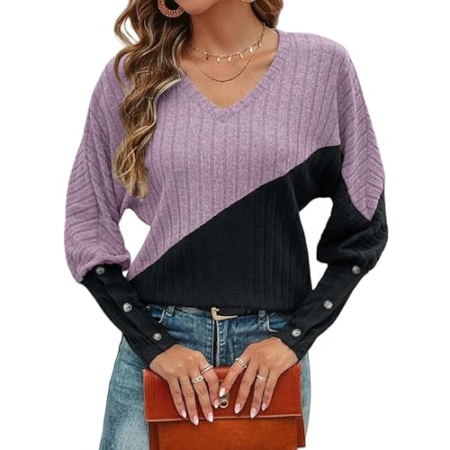 SYLDMKJ Pullover Damen Herbst Frauen Herbst Winter Elegant T Shirt Casual V Neck Langarm Schlanker Pullover Tops-Hellviolett-L von SYLDMKJ