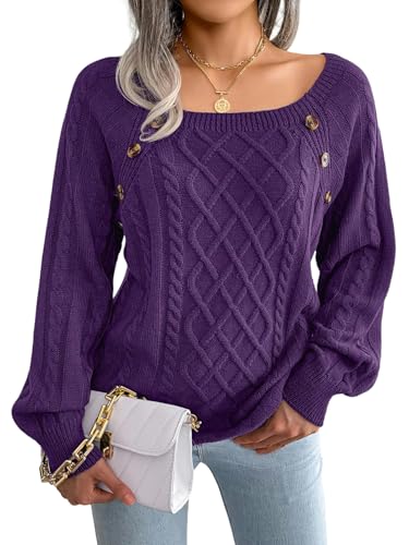 SYLDMKJ Pullover Damen Herbst Women Casual Square Kragen Knöpfe Langarm Gestrickte Pullover Und Pullover Für Den Herbst Winter-Violett-M von SYLDMKJ