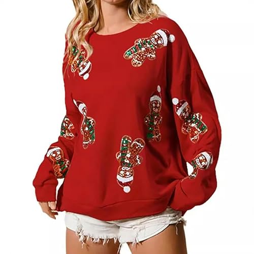 SYLDMKJ Sweatshirts Für Damen Damen Weihnachten Süße Pailletten -Pailletten, Vielseitiger, Langer Ärmelpullover Eingedickt-Rot-XXL von SYLDMKJ