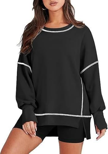 SYLDMKJ Sweatshirts Für Damen Frauen Lässig Losen Pullover Sweatshirt -Farbanpassung Langer Langschläfen -Top-Schwarz-XXL von SYLDMKJ