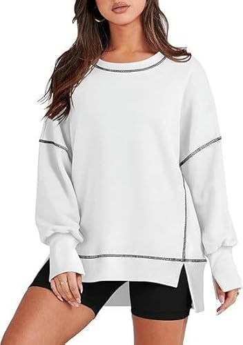 SYLDMKJ Sweatshirts Für Damen Frauen Lässig Losen Pullover Sweatshirt -Farbanpassung Langer Langschläfen -Top-Weiß-L von SYLDMKJ