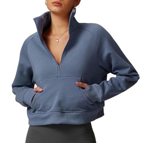 SYLDMKJ Sweatshirts Für Damen Herbst Und Winter Lose Fleece Sweatshirt Frauen Warme Jacke Halbzip Top-Blaugrau-M von SYLDMKJ