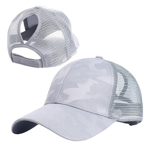 SYLDMKJ Trucker Cap Herren Camouflage Mesh Trucker Hut Chapeau Femme Mode Messy Haar Bun Pferdeschwanz Baseball Caps Für Frauen-Grau von SYLDMKJ