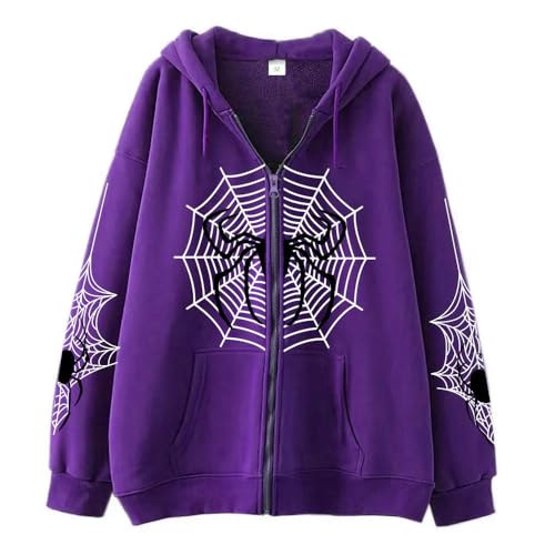 SYLQhZnT Pullover Damen Zipper Sweatshirt Street Trend Hoodie Retro Casual Women's Jacke-Purple-Spider Web 2-XXL von SYLQhZnT