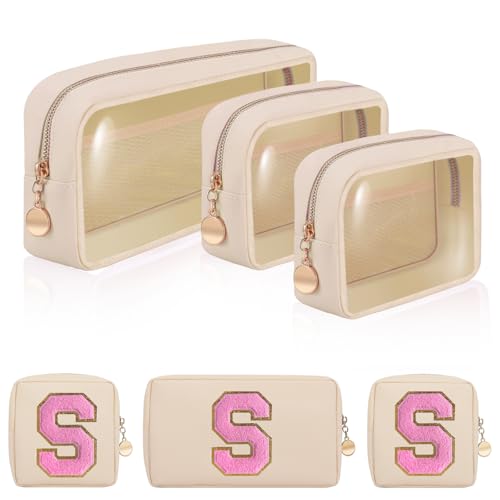 SYNVOGIA Klares Maekup-Taschen-Set, Beige, S, Transparente Taschen mit Anfangsbuchstaben von SYNVOGIA