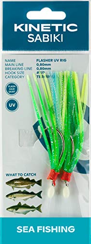 Kinetic Sabiki Flasher - Vorfach mit Gummifransen und Tinsel, 3 Farben, 2 Haken Größe 7/0, Länge 130cm, Schnur 0,80mm (Green/Yellow/Blue) von Sabiki