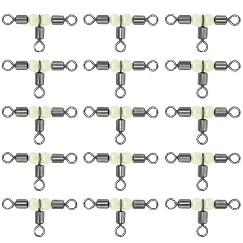50 Stück 3-Wege-Wirbel, T-Form, Kreuzschnur-Fass Dreifachwirbel mit leuchtenden Perlen, Angel-Kugellager-Wirbel für Meeresangeln, Verbindungsgerät (10#) von SagaSave