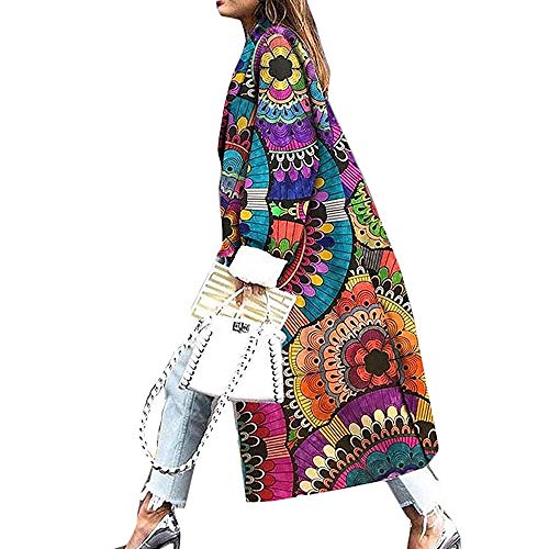 SalmophC Damen lange Strickjacken mit Taschen, Mode Bunte geometrische Abstraktion Druck ausgestellte Ärmel Trenchcoat Open Front Outwear Jacke von SalmophC