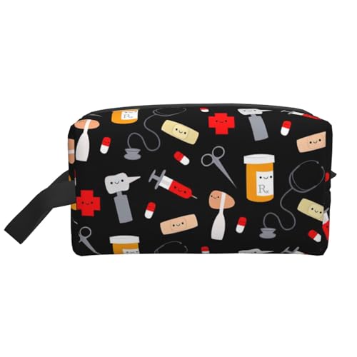 Aufbewahrungstasche mit Cartoon-Medizin-Muster, große Reise-Kosmetik-Make-up-Tasche, tragbarer Organizer für Toilettenartikel, Zubehör, weiß, Einheitsgröße von SamLng