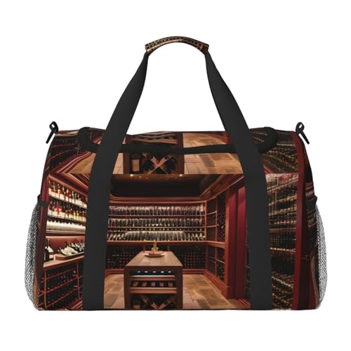 Red Wine Cellar Travel Tote Bag - Large Reusable Shopping Bag Vacation Tote Sports Duffel Bag with Adjustable Crossbody Strap, Black, One Size, Schwarz , Einheitsgröße von SamLng