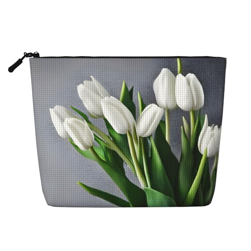 SamLng Vielseitige Reise-Kulturbeutel, Motiv: weiße Tulpen und Blumen, Make-up-Tasche, perfekt für den täglichen Gebrauch und Geschäftsreisen, Schwarz, Einheitsgröße, Schwarz , Einheitsgröße von SamLng