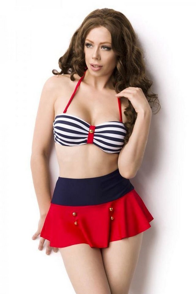 Samegame Bandeau-Bikini 3-tlg. Push-Up Marine Bikini Set : Bandeau-BH, Rock, Bikini-Slip, in blau weiß rot von Samegame