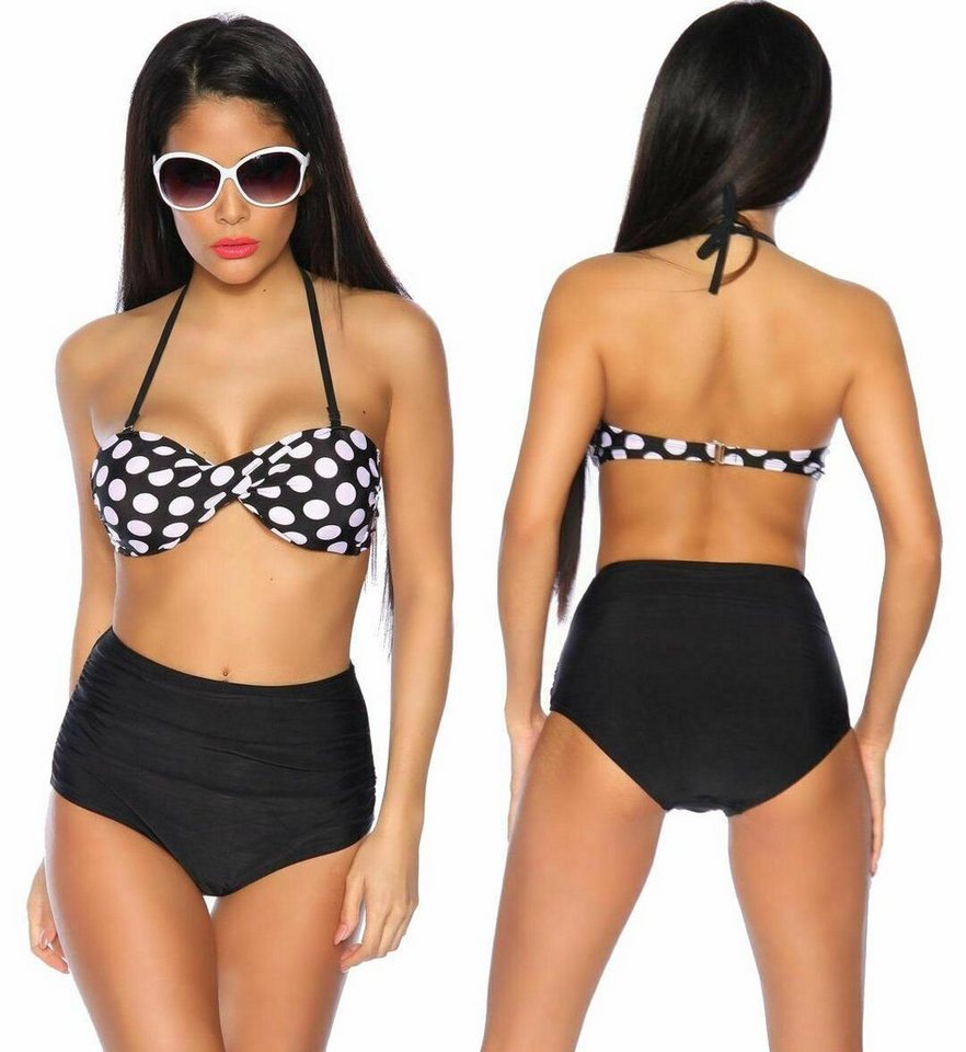 Samegame Bandeau-Bikini Vintage Bandeau-Bikini Neckholder Bikini Rockabilly Bademode in weiß schwarz Polka Dots von Samegame