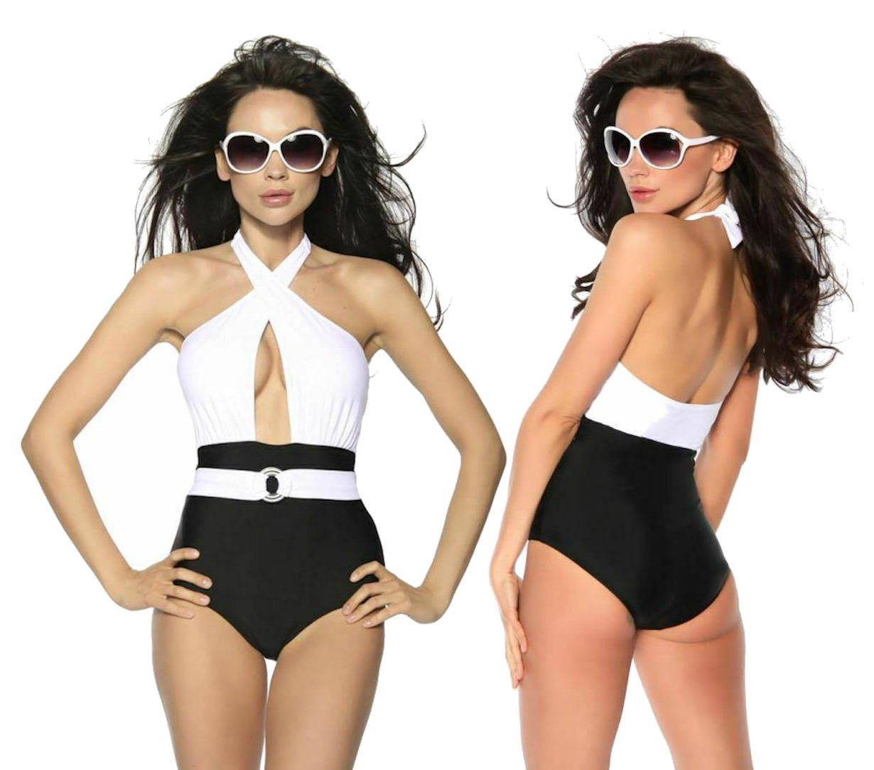 Samegame Monokini Vintage-Monokini mit Gürtel gepaddet Retro Neckholder Badeanzug schwarz weiß von Samegame