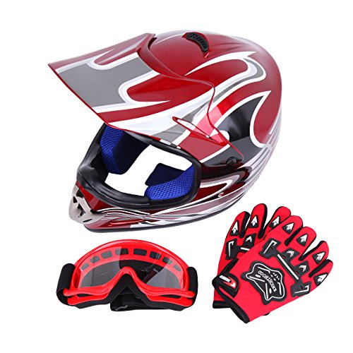 Samger DOT Jugend Kinder Off Road Helm Motocross Helm Dirt Bike ATV Motorradhelm Handschuhe+Brille (S,Rot) von Samger Samger