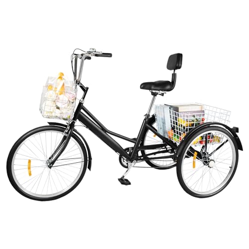 SanBouSi 24 Zoll Fahrrad Erwachsenen Dreirad Cityräder 7 Geschwindigkeit 3 Rad Fahrrad Dreirad mit Korb Rahmen aus Aluminiumlegierung Schwarz von SanBouSi